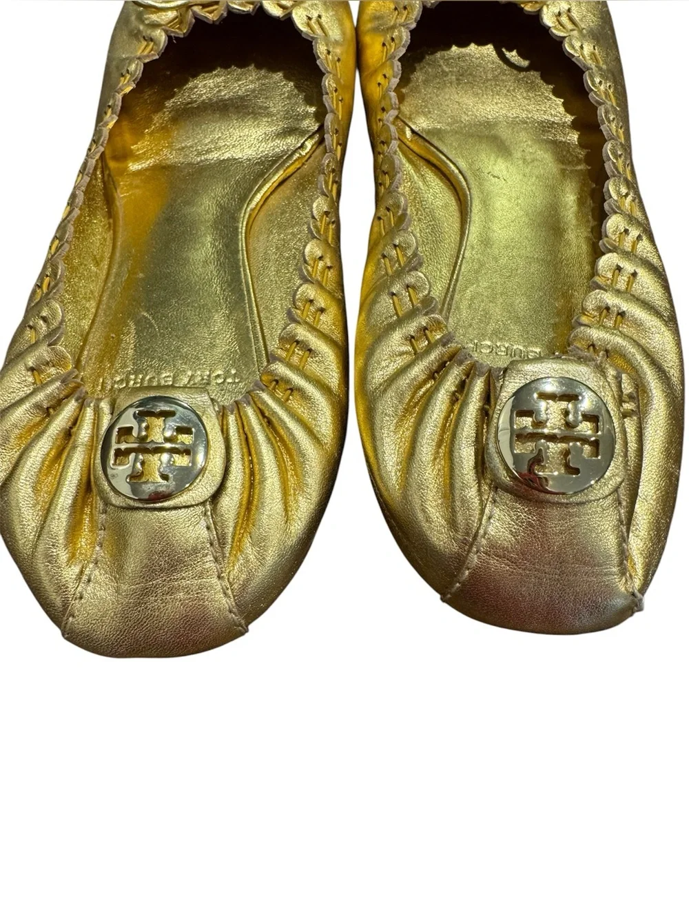 Tory Burch Reese Ballet Flats Gold Metallic Tassel Logo Shoes Size 7.5